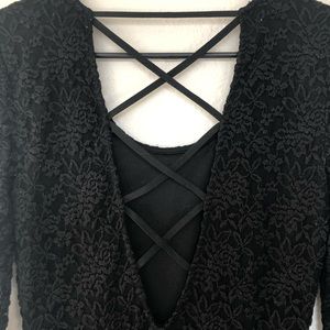 Crisscross Low Back Long Sleeve Black Lace Dress